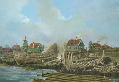 17e eeuwse scheepswerf Schilderij 17e eeuwse scheepswerf